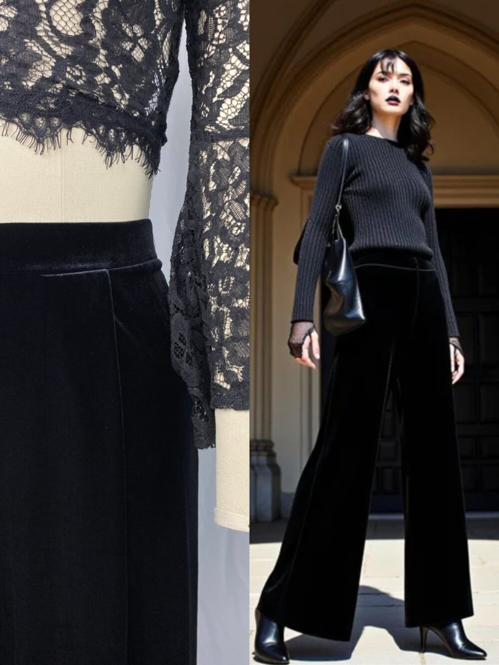 Lord & Taylor wide leg high waisted stretch witchy black velvet trousers large